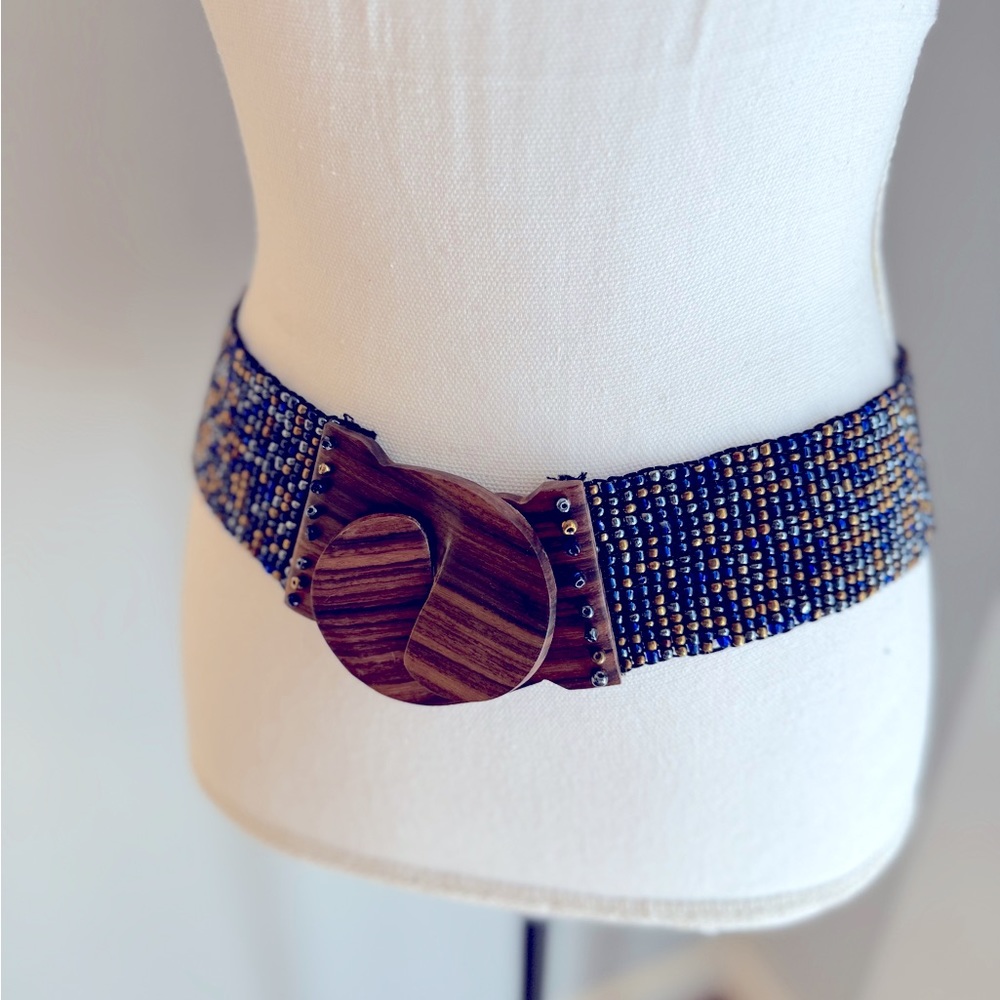Vintage Beaded Statement Blue/Gold Stretchy Belt with Teak Wooded Buckle